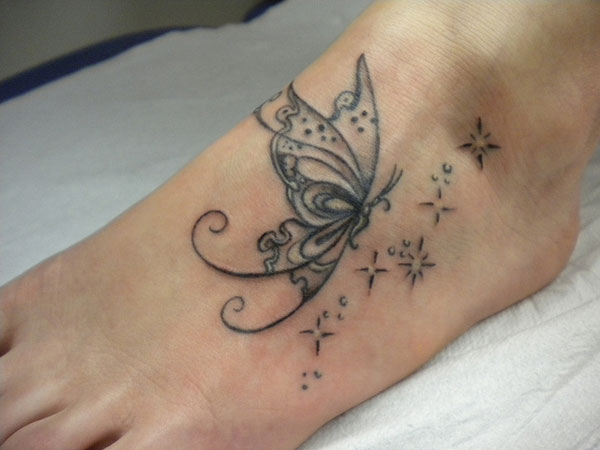 Side View Sparkling Butterfly Foot Tattoo 