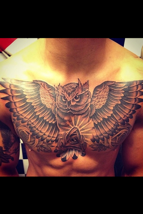 Chest Old School Skull Owl Wings Tattoo by Mitch Allenden
