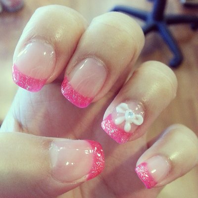 Hot Pink French Tip Nails with a Cute bow and Diamond Accessory - FMag.com