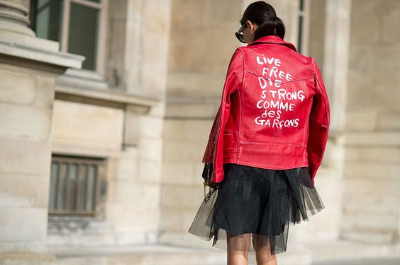 red leather jacket skirt