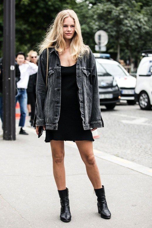 black outfit with denim jacket