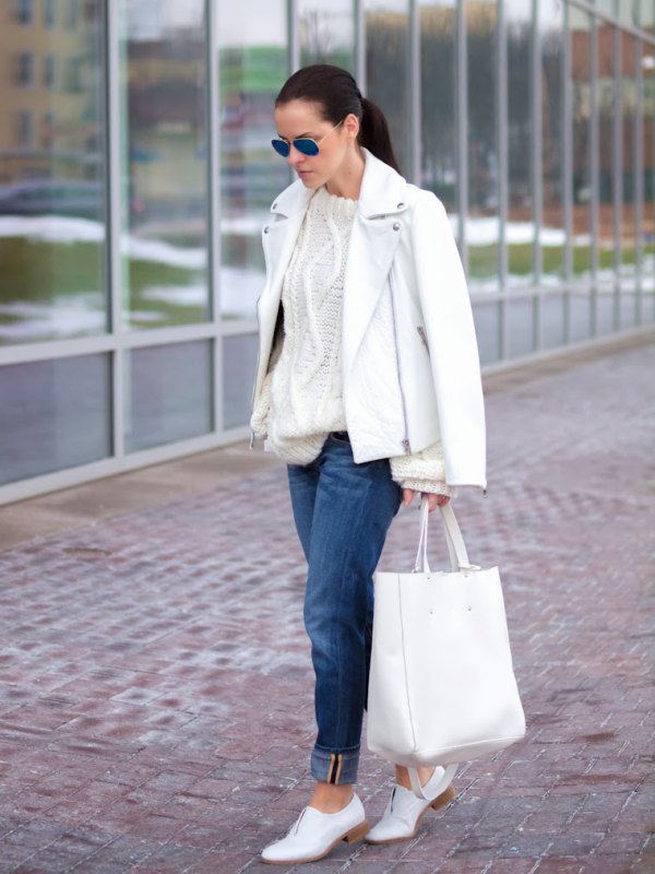Pin on White leather jacket outfit