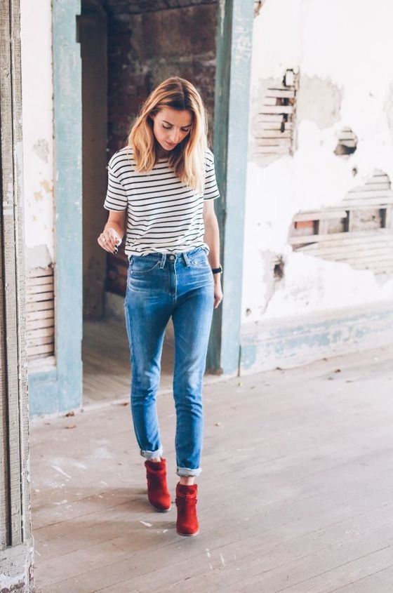 outfit with red ankle boots