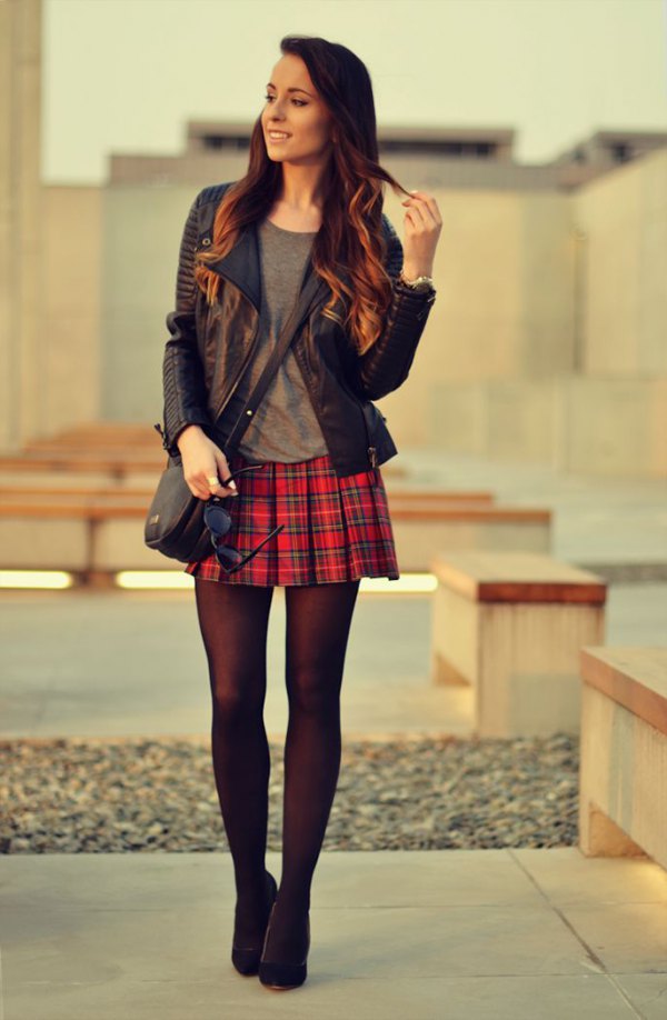 black skirt red shirt outfit