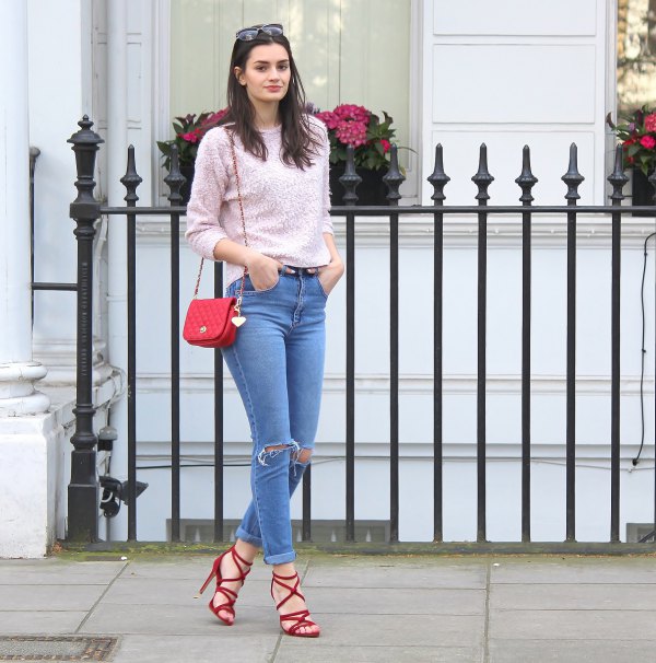 jeans with red heels