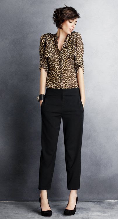 leopard print top with white pants