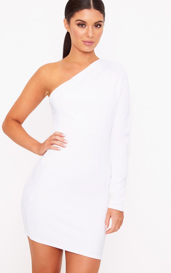 One Shoulder white Dress long sleeve