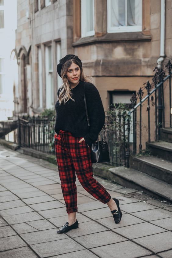 grey and red plaid pants