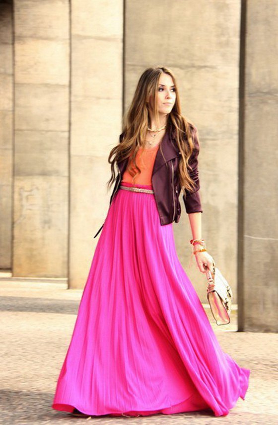 pink long skirt outfit