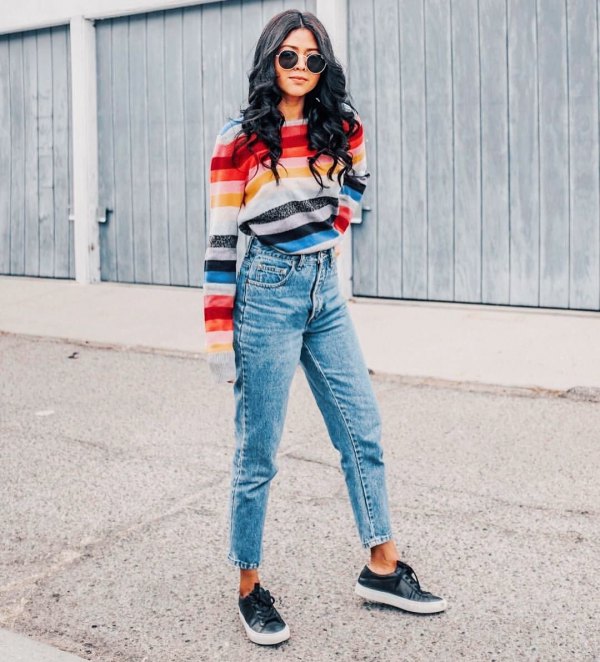 colorful striped mom jeans