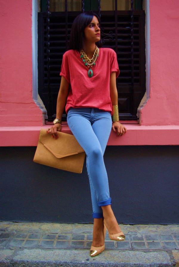 red shirt and jeans