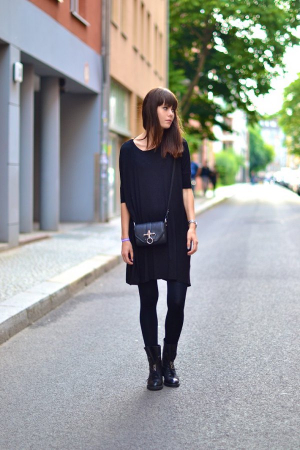 shift dress with tights and booties