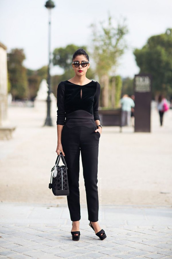 Cotton flex black peplum top with cigarette pants Set  Fabnest