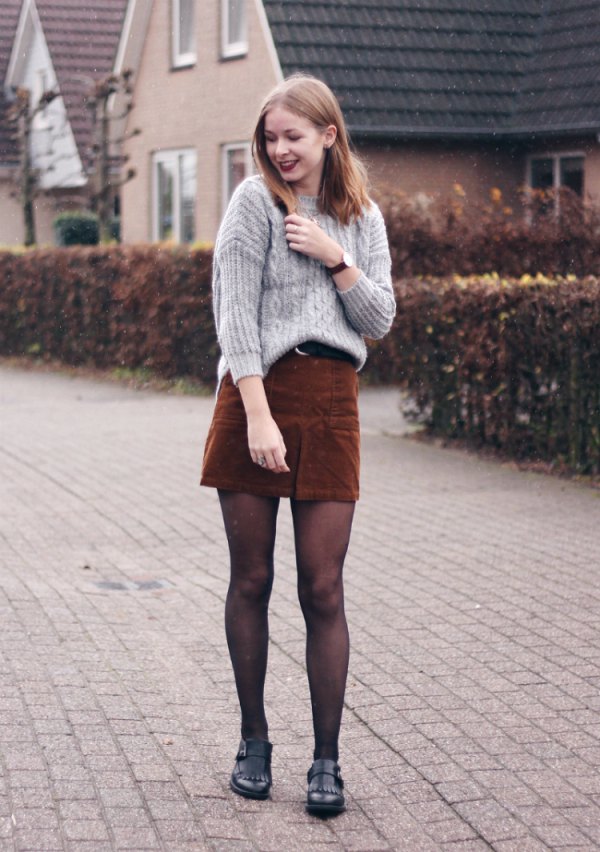 mini skirt and sweater outfit